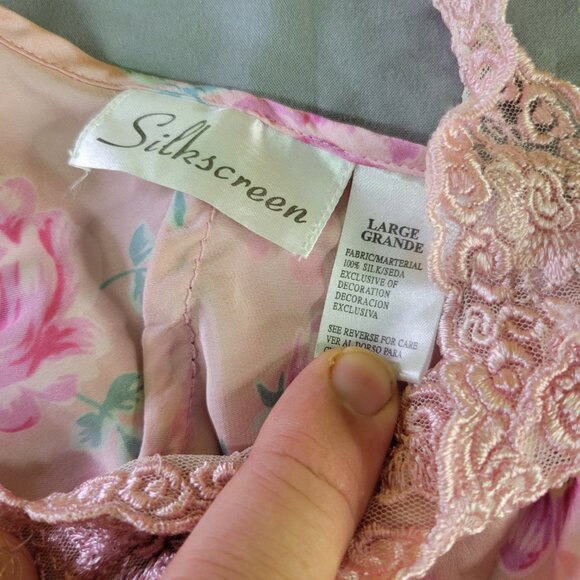 Silkscreen Pink Floral 100% Silk Cami with Lace Size Large Y2K Style - Picture 2 of 6